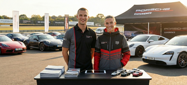 Man in color block polo and woman in color block windbreaker at car event